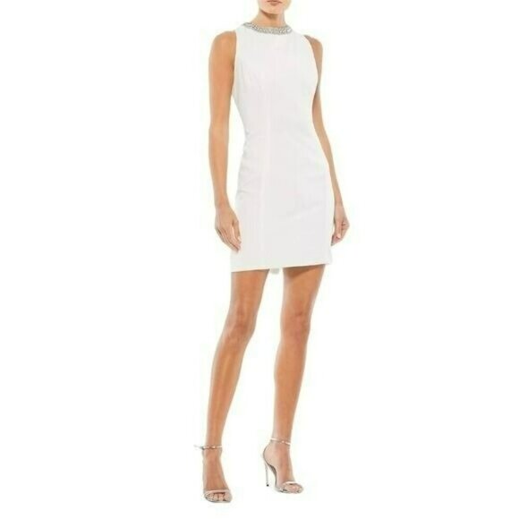 Mac Duggal White Mini Formal Dress Rhinestones Evening Wedding Sheath NWT Sz 8 - Picture 1 of 10